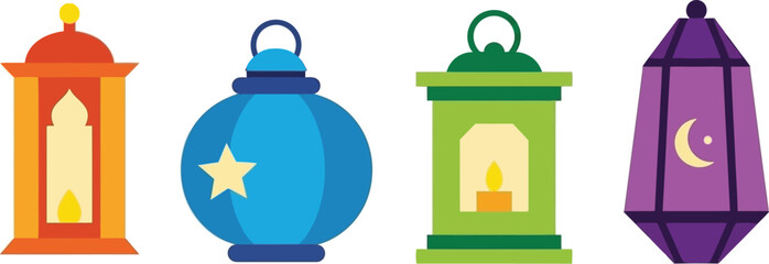 Colorful ramadan lanterns with unique designs and illuminated light sources