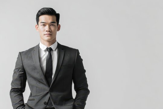 Smart and focused Asian businessman dressed in a tailored suit posing confidently against a clean white background during a bright daytime setting