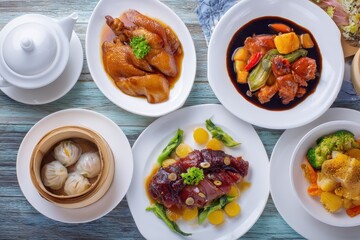Traditional Cantonese food platter featuring a variety of dishes including chicken, pork, dim sum, and vegetables displayed from a top view
