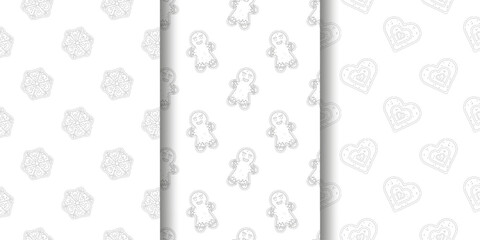 Set of three seamless holiday cookie patterns in monochrome line art left snowflake cookies with icing details center gingerbread men with smiling faces right heart shaped cookies with dotted icing