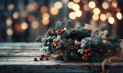 A festive Christmas wreath with red berries and a bright red bow on a rustic wooden surface, with blurred golden lights in the background.
