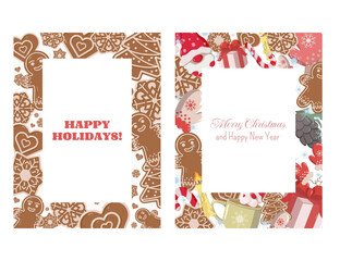 Two holiday greeting cards left gingerbread border with bold red HAPPY HOLIDAYS text right festive border of cookies, candy canes, Santa hats, gifts, mittens, pinecones, and mug
