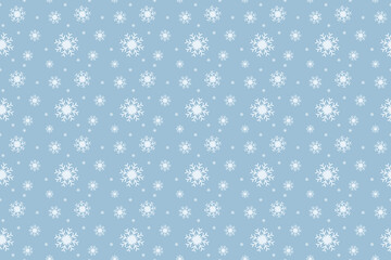 Seamless winter pattern of white snowflakes on light blue background. Snowflakes vary in size and are evenly spaced. Clean and minimal seasonal design for wrapping paper, textiles, or festive decor