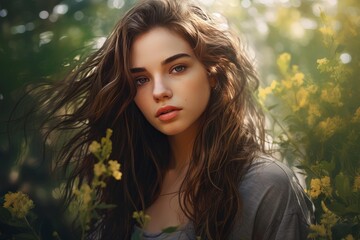 Naklejka premium Portrait of a beautiful young woman enjoying nature, posing near blooming yellow flowers in a forest during a sunny day