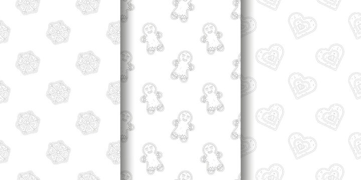 Set of three seamless holiday cookie patterns in monochrome line art left snowflake cookies with icing details center gingerbread men with smiling faces right heart shaped cookies with dotted icing