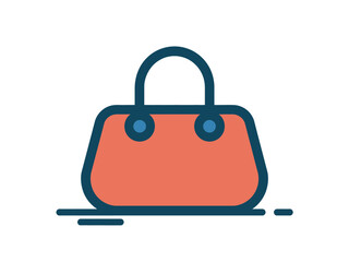 A simple, stylized illustration of a coral-colored handbag with blue accents is depicted against a white background.