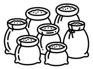 A collection of seven burlap sacks filled with granular material is depicted in a simple line drawing illustration.