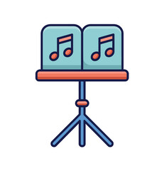 A blue music stand is holding two sheets of music with red musical notes and clefs on a white background.