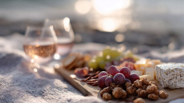 Wooden platter of cheese and wine on a table with a blurred background of the ocean.