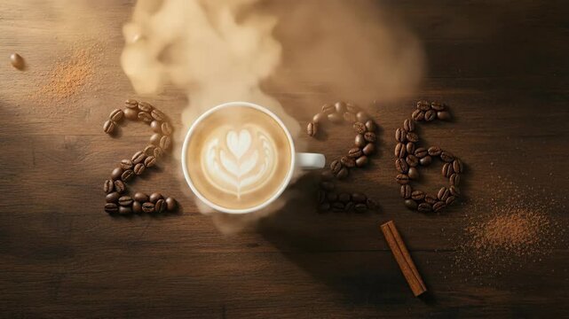 Animated steam rising from heart-shaped latte cup amid coffee beans forming 2025 and 2026 numbers. New year coffee arrangement on wooden surface with cinnamon stick.