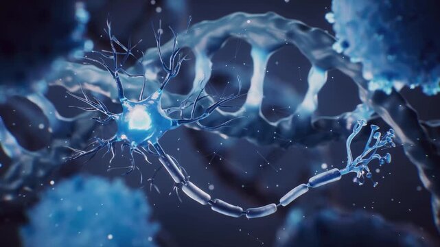 High-detail 3D medical animation showing a glowing neuron cell with axon and dendrites, surrounded by DNA double helix structures in the background. - Powered by Adobe