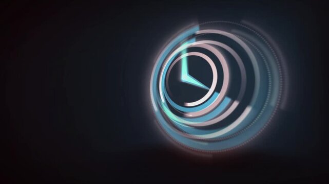 Abstract futuristic animation featuring a rotating digital clock interface with glowing blue HUD rings. Ideal for technology videos, sci-fi UI elements, digital displays, countdowns & motion graphics.