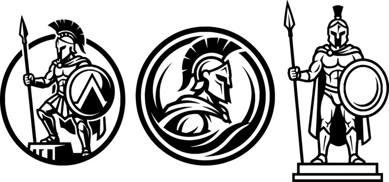 Spartan Warrior Vector Logo Set with Shield and Spear in Black and White Emblem Style