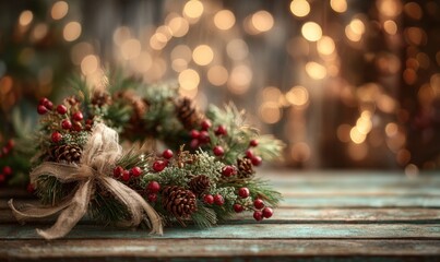 A festive Christmas wreath with red berries and a bright red bow on a rustic wooden surface, with blurred golden lights in the background.