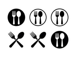 A collection of six different black and white icons representing dining utensils, including forks and spoons, within circular frames or crossed.