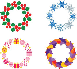 Four colorful christmas wreaths with varying designs and festive decorations