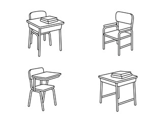 Four simple line drawings depict various school desks with books stacked on top, set against a white background.