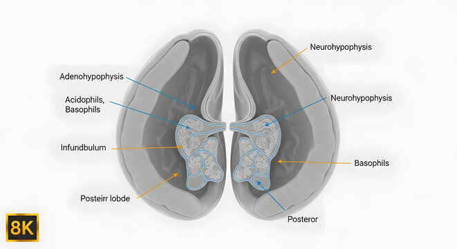 Pituitary gland 3d anatomical illustration with labeled adenohypophysis parts