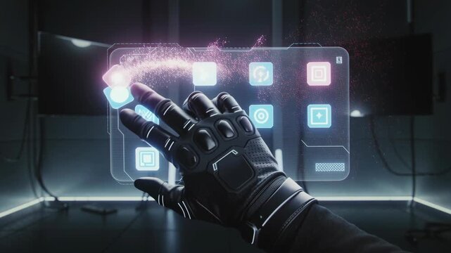 Man using interactive holographic screen with futuristic touch interface. Virtual reality technology for future computing.