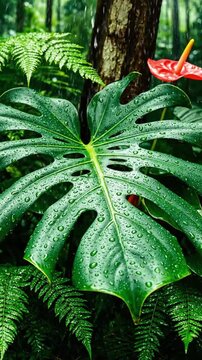 Tropical anthurium flowers amidst lush ferns