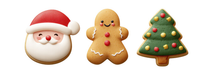 Fototapeta premium Festive Christmas cookies with santa, gingerbread man, and tree shapes isolated on transparent background