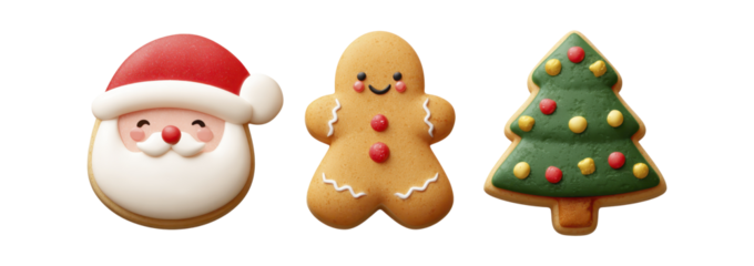 Festive Christmas cookies with santa, gingerbread man, and tree shapes isolated on transparent background