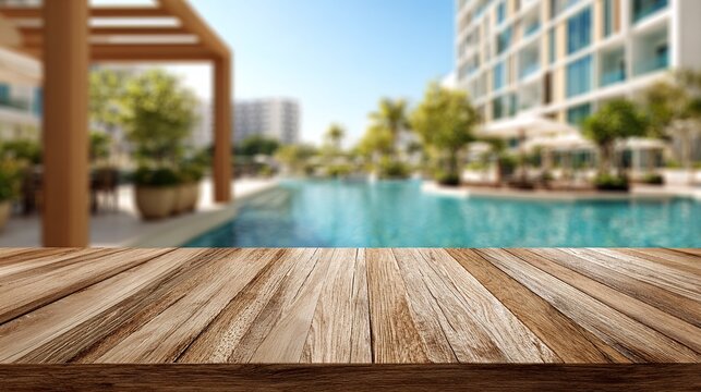 Warm wooden surface displays inviting outdoor leisure space with blurred pool and building backdrop, perfect for product placement. High quality