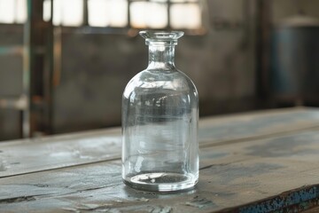 Empty transparent glass bottle with a wide neck is standing on a rustic wooden table in an abandoned factory, illuminated by natural light