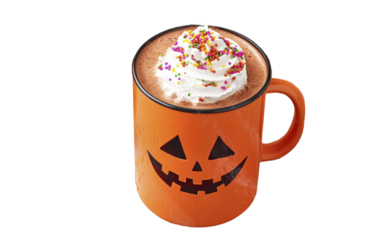 Halloween themed mug with whipped cream and sprinkles on hot cocoa isolated on transparent background