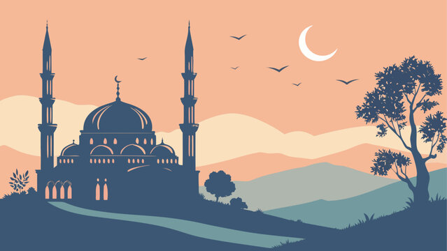 Silhouette of a mosque at dusk with crescent moon - Powered by Adobe