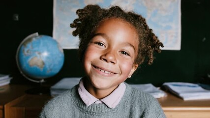 Smiling schoolgirl sits at desk in classroom near globe representing global education childhood curiosity and positive learning experience - Powered by Adobe