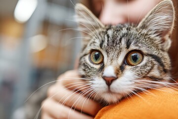 Closeup of a female volunteer holding a cat in an animal shelter during an adoption event showing compassion and care for animals in need of homes