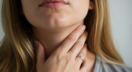 Woman gently touching her neck possibly experiencing discomfort or checking her throat.