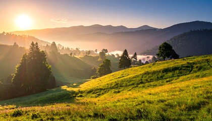 Golden Sunrise Over Rolling Hills and Misty Mountains Landscape.