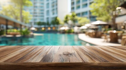 Warm wooden surface displays inviting outdoor leisure space with blurred pool and building backdrop, perfect for product placement. High quality
