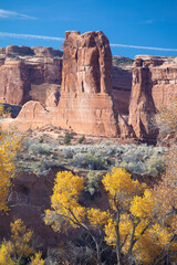 The main asphalt road runs through Arches National Park in eastern Utah, north of the city of Moab in the United States. It winds between rocks and trees colored yellow. Autumn time, sunny day.