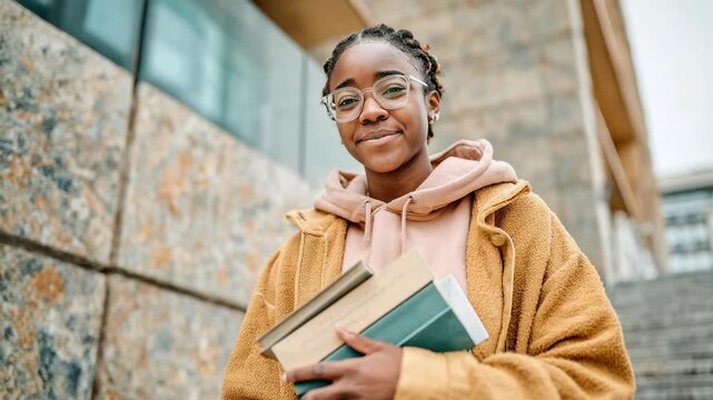 Smiling student in cozy hoodie holds books while walking near modern campus stairs representing education confidence and inspiring college lifestyle