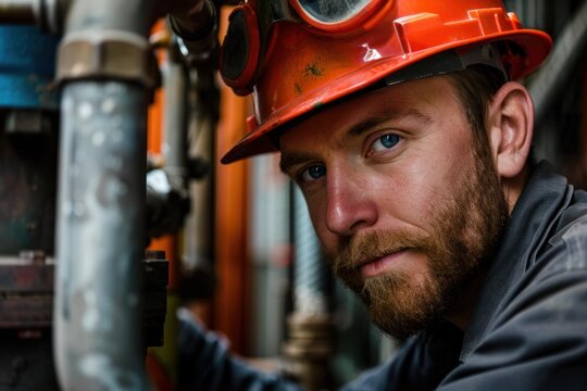 Industrial worker wearing safety helmet and goggles inspecting machinery in factory