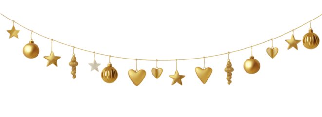 Golden holiday decoration garland with stars and hearts isolated on transparent background
