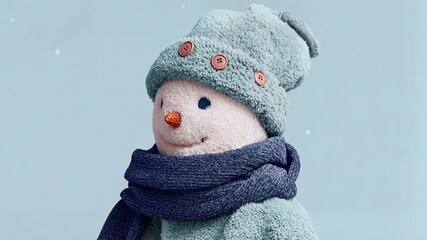 Cute snowman with blue knitted hat and scarf smiles against soft snowy sky creating cozy festive winter greeting perfect for holiday cards and family projects - Powered by Adobe
