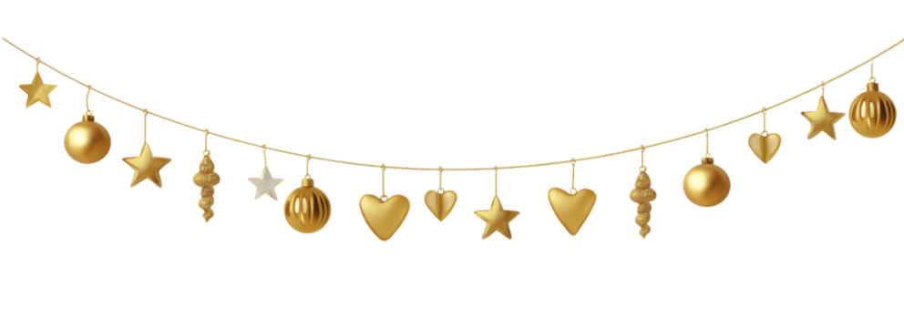 Golden holiday decoration garland with stars and hearts isolated on transparent background
