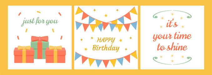Set of birthday cards on yellow background. Vector illustration. Collection of festive banners. A garland of triangular flags and gift box with a bow. Streamers, tinsel, and the text "Happy Birthday."