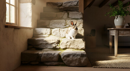 Spotted Bunny on Rustic Stone Stairs in Cottage Interior
