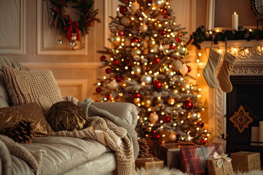 Cozy festive room with warm lights, elegant Christmas tree, and soft textures.