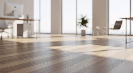Fototapeta premium Bright modern office interior with large windows and wooden floors bathed in sunlight