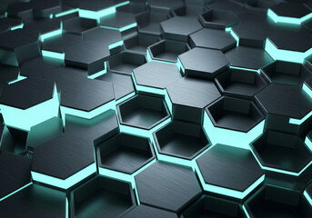 Futuristic 3D hexagon pattern with glowing blue lights, perfect for tech backgrounds and abstract designs for innovative concepts