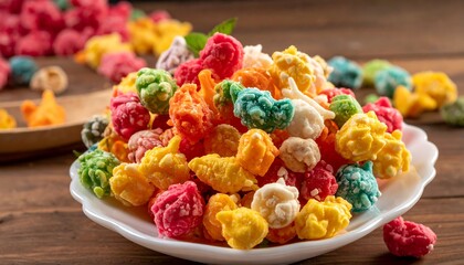 Close-up of colorful sugared snack on a white plate with wooden backdrop