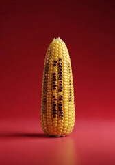 A single ear of grilled corn with dark char marks on its kernels, set against a vibrant red background.