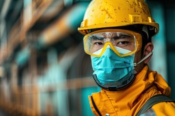 Close up of an asian engineer wearing protective gear in a blurred industrial setting