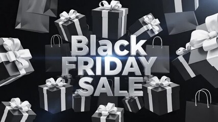 Black Friday Sale Promotion with Dynamic Gift Box Animation and Silver Text Overlay, Perfect for Holiday Shopping Season Ad Campaigns